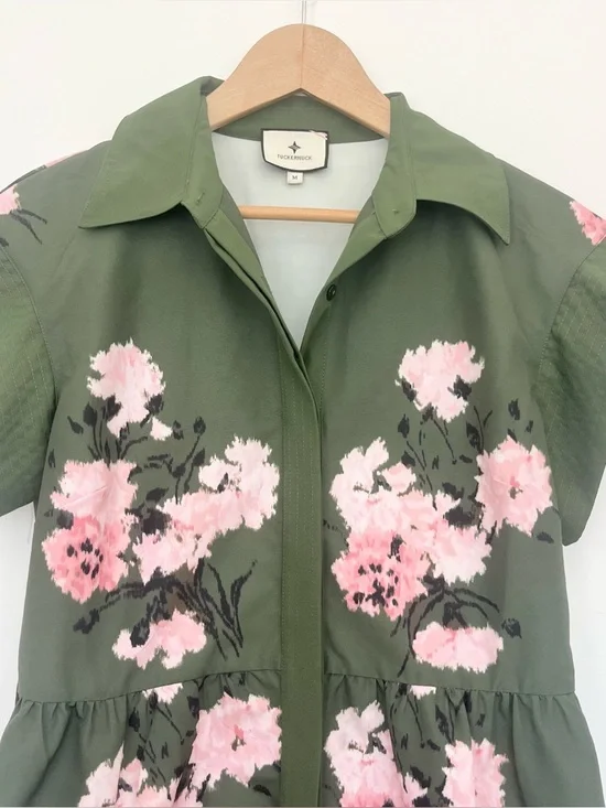 Tuckernuck Olive and Pressed Chloe Green Pink Floral Midi Dress Wide Sleeves Med - Picture 4 of 15